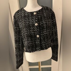 Black & White Textured Tweed Crop Blazer Silver Buttons Women’s Size Large